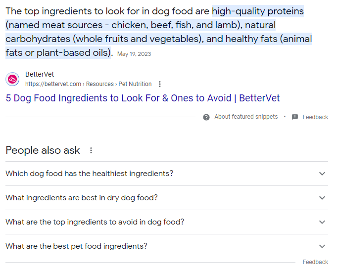 Google Search Featured Snippets for "what are the best ingredients for dog food" search query.