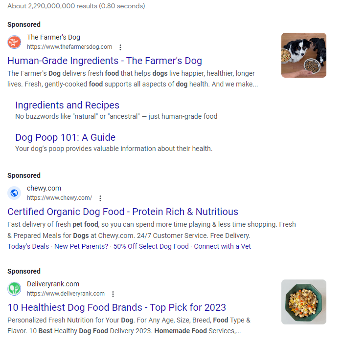 Google Search Sponsored Results for "what are the best ingredients for dog food" search query.